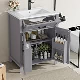 Sweiko Meuble sous Lavabo Salle de Bain, 60x46x84,8cm, Entièrement Laqué, Étagères à Double Porte, Tiroirs Divers, Étagères Réglables, Lavabo Intégré en Céramique (Grey + Ceramic+MDF + Modern)