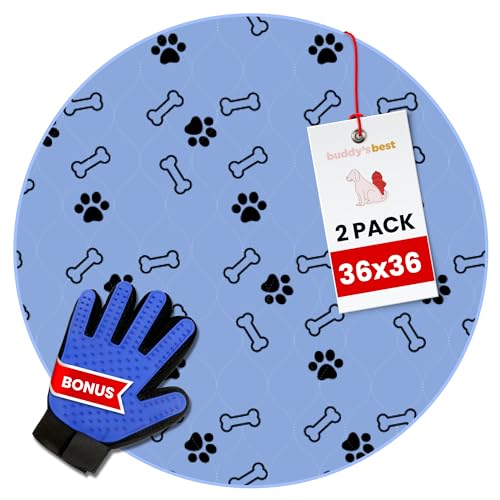 Image of Buddy's Best Washable Pee Pads for Dogs - Medium (Round 36 inch) - Ultra-Absorbent, Non-Slip, Ideal for Training, Incontinence - (2-Pack) + Bonus Grooming Glove