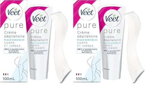 VEET PURE - Crème Dépilatoire Corps et Jambes - Peaux Sensibles - 88% d'Ingrédients d'Origine Naturelle - 100ml (Lot de 2)