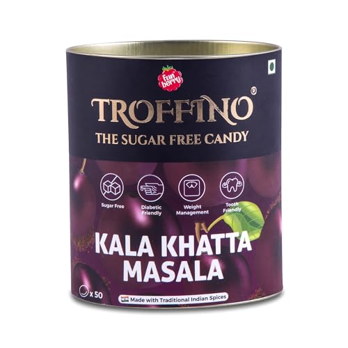 Image of TROFFINO Sugar Free Indian Spices Kala Khatta Masala Candy Jar (50 Candies) - Mouth Watering Hard Candies, Gluten-Free - Pack of 1