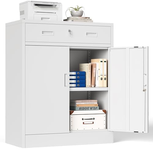 TaskStorz Armoire de Rangement en Métal Blanc 90x80x40cm, Verrouillable à 2 Portes avec 1 tiroir & 1 étagère réglable en Hauteur, Placard Polyvalent en Acier pour Garage, Bureau, Maison et Salon