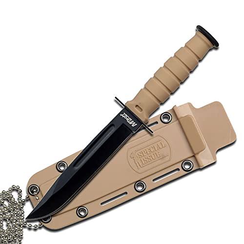 MTech USA MT-632DT Fixed Blade Tactical Neck Knife, Black Drop Point Blade with Blood Groove, Tan Handle, 6-Inch Overall