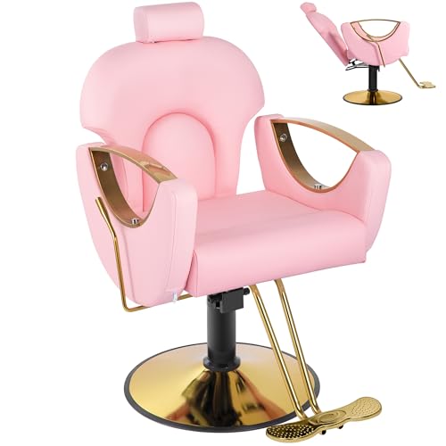 Hicomony Pink Salon Chair for Hair Stylist Barber Chairs for Barbershop Reclining Styling Salon Hair Armchair with Hydraulic Pump 360Rotation 130Recline Height Adjustable(Pink)