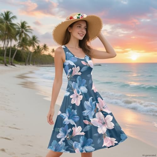 Image of TOADDITDO Women's Sleeveless O Neck Beach A-Line Party Coctail Tank Dresses Flared Sundress