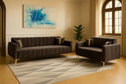 Image of FURNY Harmony 5 Seater Velvet Fabric 3+2 Sofa Set (Brown) with Golden Finish Legs | Durable & Comfortable | Ideal for Living Room