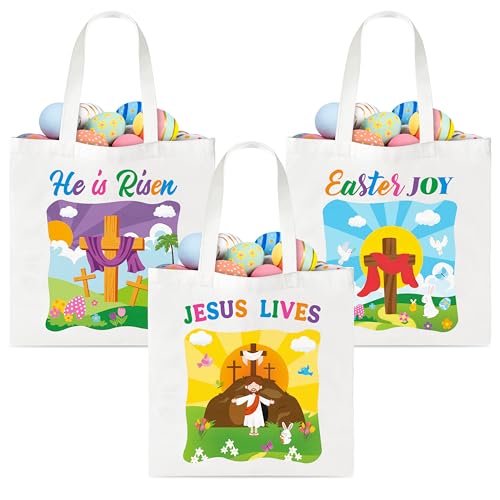 Zainpe 3Pcs Easter Gift Canvas Bags Christian Tote Treat Bag with Handle for Kids, Reusable Large Capacity Handbag He is Risen Cross Bible Egg Bunny Trick Baskets Handbags Spring Party Favor Supplies