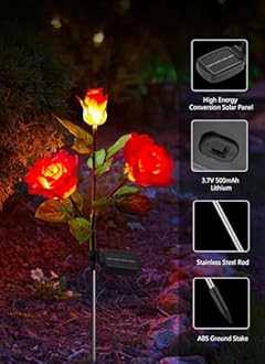 Brightown Outdoor Solar Garden Lights - 4 Pack LED Flower Lights with Realistic Rose, Bigger Solar Panel, Waterproof for Yard & Patio Decorations