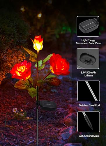 Brightown Outdoor Solar Garden Lights - 4 Pack LED Flower Lights with Realistic Rose, Bigger Solar Panel, Waterproof for Yard & Patio Decorations