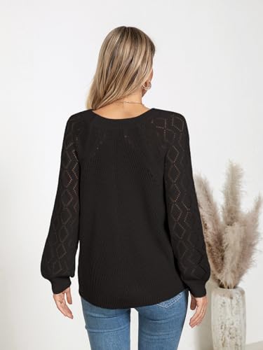 Image of Libsorge Womens Cute Crochet Knit Hollow Out Sweater Fall 2024 Lightweight Ribbed Crewneck Long Sleeve Pullover Top
