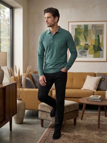 Image of CAMEY Men's Plain Solid Long Sleeve Polo T-Shirt | Regular Fit | Collared Casual Cotton Blend Tee with Chest Pocket | Everyday Comfort Wear