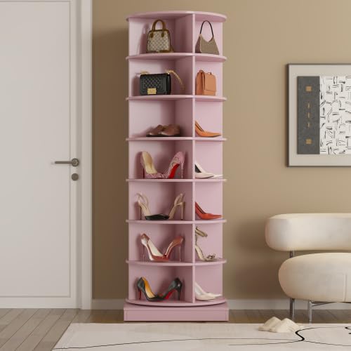 Image of HKLYRHIMO Rotating Storage Rack-American Design White-7-Tier Spinning Storage Rack,Free Standing 360 Revolving Shoe Organizer-for Bedroom,Livingroom,Hallway. (Pink,7-Tier with Base)