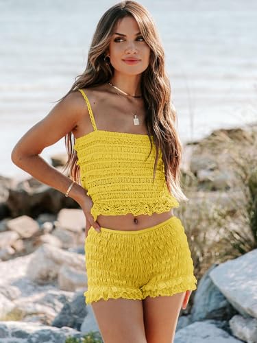Image of LUXVEER Womens Summer Shorts Trendy Ruffle Lace High Waisted Smocked Beach Mini Shorts Y2K Micro Boyshorts Lolita Bloomers
