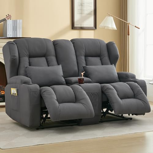 Image of IPKIG 65.3 inch RV Loveseat Recliner Sofa with Storage Console, Leathaire Fabric Wall Hugger Reclining Chair with Cup Holders and Side Pockets, Home Theater Seating Manual Recliner for Living Room (Grey)