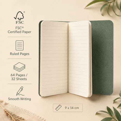 Image of Tea Paper Pocket Notebook Pack of 3 Forest Green | A6 Mini Notebook 9 x 14 cm | 64 Ruled Pages | FSC Certified Paper | Small Pocket Diary & Note Pad for Daily Notes, Travel, College Students