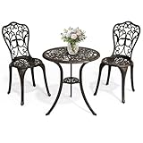 Pamapic Bistro Set 3-teilig, Bistrotisch mit 2 Stühlen & Schirmloch mit Sonnenschirmloch, Aluminium Gartenmöbel Set, Balkonmöbel Set für Terrasse, Veranda, Garten, Bronze