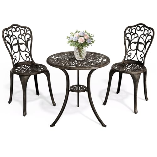 Pamapic Bistro Set 3-teilig, Bistrotisch mit 2 Stühlen & Schirmloch mit Sonnenschirmloch, Aluminium Gartenmöbel Set, Balkonmöbel Set für Terrasse, Veranda, Garten, Bronze