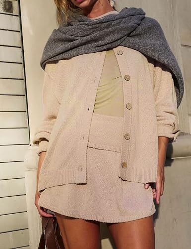Image of Bozanly Two Piece Sweater Skirt Set for Women Crew Neck Long Sleeve Button Down Sweater A-line Knit Skirts
