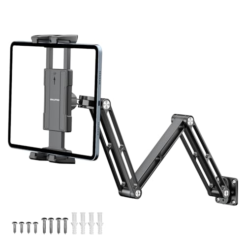 『Materiale di Alta Qualità』 Questo supporto da parete per tablet è realizzato in resistente lega di alluminio. Ogni segmento del braccio misura 17 cm, con una lunghezza massima del supporto di 60 cm, garantendo una presa affidabile per il vostro dispositivo. Il porta tablet da muro costruito per durare.