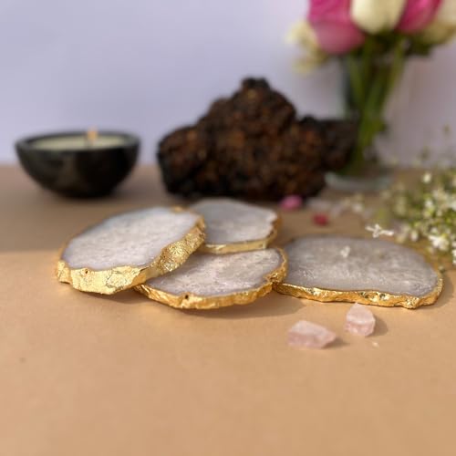 Image of Natural Agate Stone Tea Coasters Set | Premium Stone Coasters for Tea, Coffee & Glass | Heat Resistant Coasters for Dining Table, Office Desk & Home Decor | Pack of 4 | Color -White