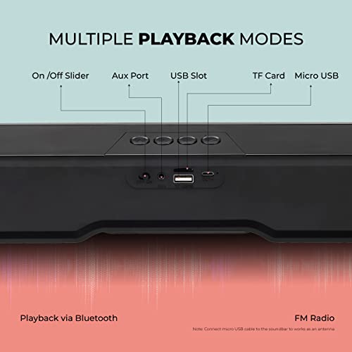 Image of pTron Fusion One 14W Bluetooth Soundbar Speaker, 20Hrs Playback Time, Vivid 10 RGB Modes, Mini Soundbar for Phones /TV /Laptops /Tablets, Multi Modes BT5.3 /3.5mm Aux /TF Card /USB / (Obsidian)