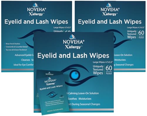 NOVEHA Lot de 180 lingettes anti-allergies | Tampons de nettoyage pour les yeux pré-humidifiés et hypoallergéniques, réduisent les démangeaisons, les rougeurs et l'inconfort causés par les allergies