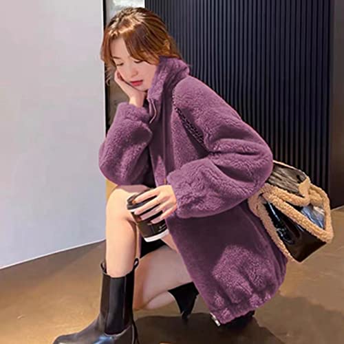 Zy-Wisdom Women's Fashion Long Sleeve Lapel Zip Faux Wool Oversized Coat Jacket (Bean Paste Purple Large) #TOP1