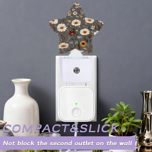 Image of Brown Flowers Night Lights Plug Into Wall,White Floral Dusk to Dawn Light Sensor Night Light for Kids,Energy Efficient Sleep Friendly Lamp for Bedroom Bathroom Nursery