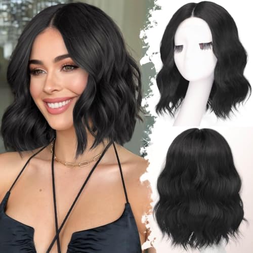 Image of Eawwii Wigs for Women Black,Short Wavy Synthetic Lace Wig 12 Inch