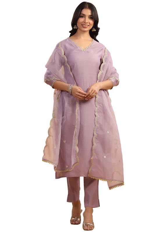 Janasya Women'S Chanderi Silk Embellished Straight Kurta Set