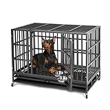 48IN Heavy Duty Dog Crate Steel Escape Proof, Indoor Double Door High Anxiety Cage, Kennel with 2 Stainless Steel Bowls，Wheels, Removable Tray, Extra Large XL XXL Cage