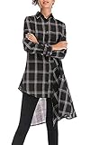 Damen Oberteile Frühling Herbst Lange Bluse Elegant Mädchen Festliche Karierte Fashion Hemden Chic Langarm Einreihig Asymetrisch Kleider Shirtkleider (Color : Schwarz, Size : XL)