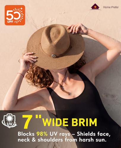 Image of Home Prefer UPF50+ Men's Wide Brim Straw Fedora Sun Hat with Badge Lanyard