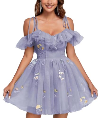 Flower Embroidery Tulle Homecoming Dresses for Teens Cold Shoulder Short Prom Dresses A Line Cocktail Dress