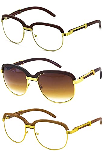 Elite WOOD Art Clear Lens Eyeglasses Unisex Vintage Fashion Aviator Sunglasses (3 PACK: Cherry Clear - Brown - Brown Clear)