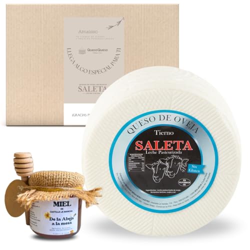 Amaisso® Queso Tierno Entero de oveja Gourmet (0,5 Kg) y Miel Pura de Abeja - Desayuno a domicilio sorpresa - Elaboracion Artesana Tipo Queso manchego - Caja Gourmet para regalar