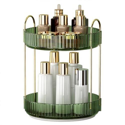 YCIA&DONE Organizador de maquillaje giratorio de 360 grados y almacenamiento para encimera de tocador de 2 niveles, organizador de perfumes cosméticos de alta capacidad para tocador, baño, organizador