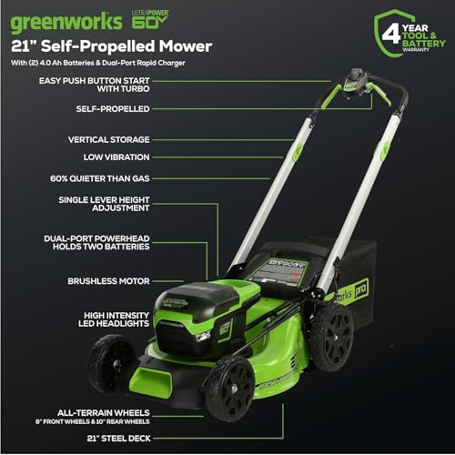 Image of Greenworks 60V 21in Brushless Self-Propelled Cordless Lawn Mower, 2 x 4.0Ah Batteries (3 /4 Acre, Rapid Charger, 4-in-1, LED Lights, IPX4), Extra Mower Blade