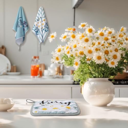 Bencailor 6 Pcs Winter Kitchen Decor Pot Holders and Oven Mitts Stes Winter Kitchen Towel 2 Farmhouse Cooking Mittens for Cooking Grilling Supply Accessories(Blue, White,Daisy)