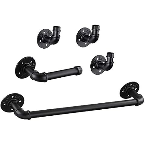 5 Pack Elibbren Industrial Pipe Bathroom Hardware Fixture Set Heavy Duty DIY Wall Mount Accessories Kit Includes Robe Hook, 18 Inch Towel Bar and Toilet Paper Holder Cover