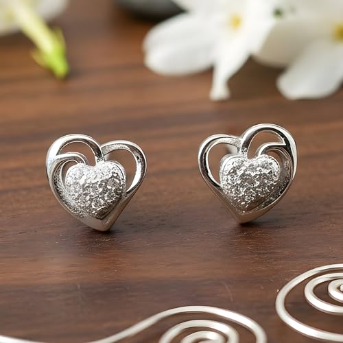 Image of Silver Heart Stud Earrings for Women - Sparkling Double Heart Design