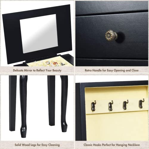 Officejoy Jewelry Armoire Cabinet W/ Top Flip Mirror, Wooden Jewelry Storage Chest W/ 4 Drawers, 2 Side Door, 8 Necklace Hooks, Standing Jewelry Organizer For Ring Necklace Bracelet (Black) #TOP5