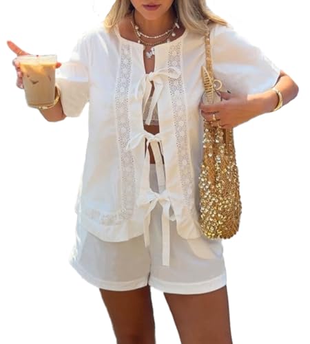 Women Summer 2 Piece Sets Short Short Sleeve Tie Front Tops and Shorts Cotton Pajamas Lounge Set