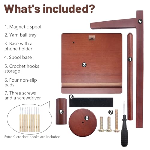 Image of Wooden Yarn Holder for Crocheting, Magnetic Rotating Yarn Spinner Yarn Spool Rack with Crochet Accessories Storage and Phone Stand, Yarn Ball Holder for Knitting Lovers