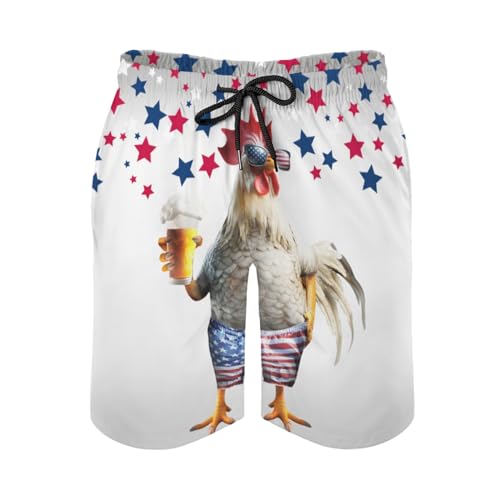Funny Rooster Beer Men's Swim Trunks Chicken American Flag Stars Summer Board Shorts Drawstring