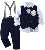 Toddler Boy Clothes Suit Baby Gentleman Wedding Party Outfits, Formal Dress Shirt+Suspender Pants+Vest+Bowtie+Boutonniere