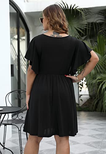 Nemidor Women's Vintage Ruffle Sleeve Party Midi Dress Plus Size Casual Summer Fit And Flare Dress Nem212 (22W, Black) #TOP5