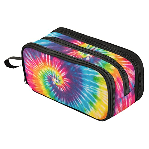 Image of Fustylead Stylish Rainbow Tie-dyed Spiral Print Large Pencil Pen Case Stationery Bag, 3 Compartments School College Office Desk Organizer Storage Pouch Marker for Teen Boys Girls Students