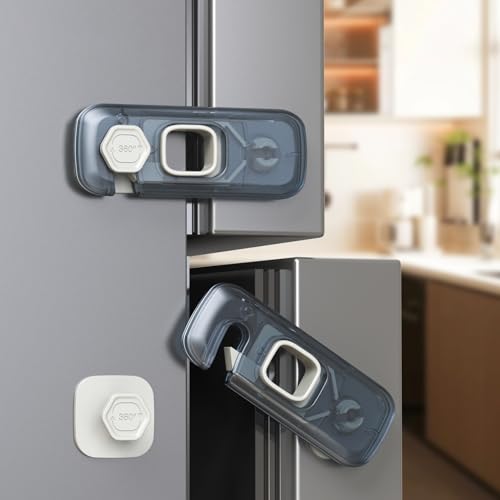 Blissleaf 2-Pack Fridge Locks Child Proof Refrigerator/Freezer Door Lock Child Safety Cabinet Lock with Adhesive Pads -Freezer Latch to Keep Door Closed for Latches Drawer Closets Oven (Clear-Blue)