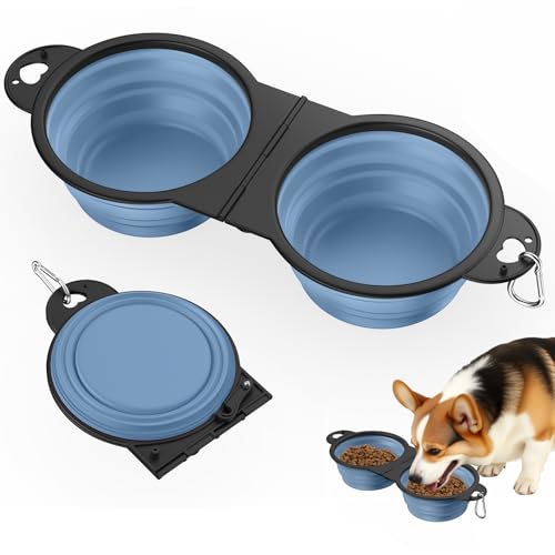 Pawaboo Ciotole per Cani Pieghevoli, Doppia Ciotola per Cibo e Acqua per Cuccioli, Ciotole per Cani in Silicone Ribaltabile a 180° con Gancio in Metallo, Ciotoles per Animali da 450 ml, Blu Morandi