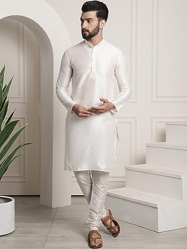 Sojanya (Since 1958 Men's Silk Blend Cream Kurta Pyjama With Green Self Design Nehrujacket